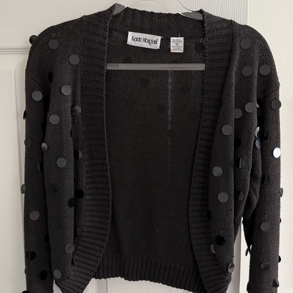 Vintage Sweaters - Vintage Karin Morgan Black Open Front Cardigan with Large Sequins  - Size Medium